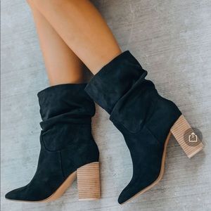 Darby Heeled Slouched Bootie in Black Suede